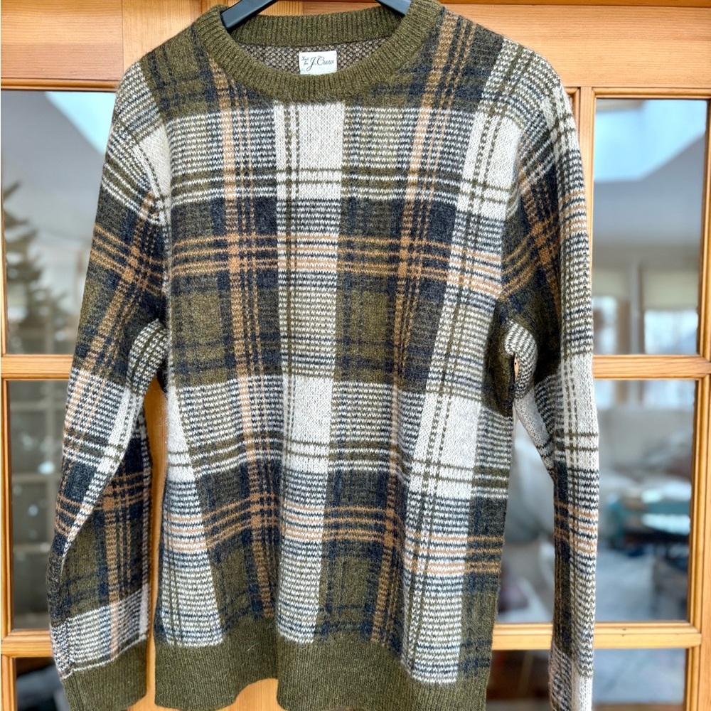 J. Crew Wool / Mohair Plaid Green and White Crewneck Sweater - Picture 2 of 4